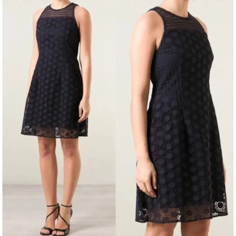 Tory Burch Hallie Eyelet Dress Mini Crew Neck Sleeveless Lace Preppy Navy Blue - Picture 2 of 12